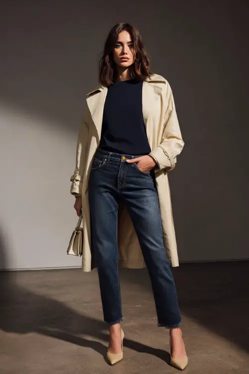 Woman in dark-wash straight jeans with a tucked-in navy sweater and cream trench coat, styled with a mini top-handle bag and low heels