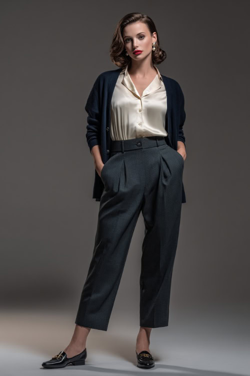 Woman in elegant charcoal tapered trousers, a silky cream blouse and a navy cardigan over the shoulders, styled with vintage pearl earrings and loafers 