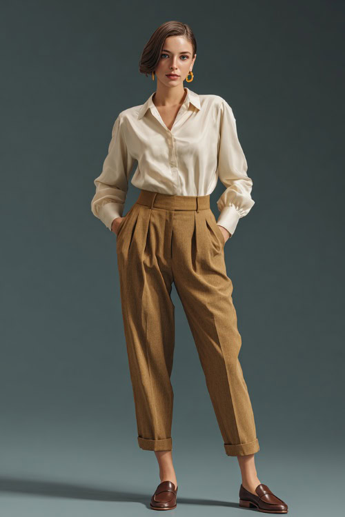 Woman in high-waisted camel trousers, an ivory silk blouse tucked in, and brown loafers, accessorized with gold hoop earrings, full-body in a clean studio 