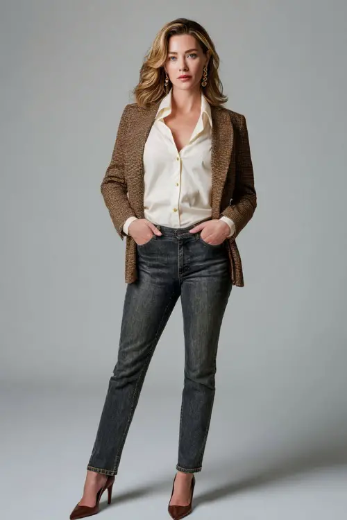 Woman in mid-rise jeans with a cream button-up blouse and brown tweed blazer, styled with gold earrings and pointed flats, clean, classy studio 