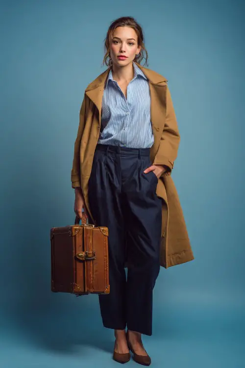 Woman in navy straight-leg trousers and a light blue button-up shirt, draped camel coat and classic flats, styled with a vintage briefcase, studio background