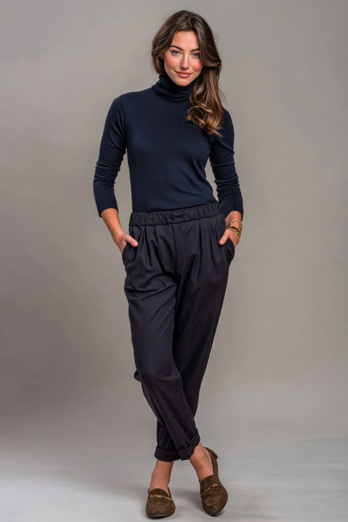 Woman in navy wool trousers with a tucked-in high-neck knit top and suede loafers, accessorized with a leather watch and gold studs, full-body in simple studio 