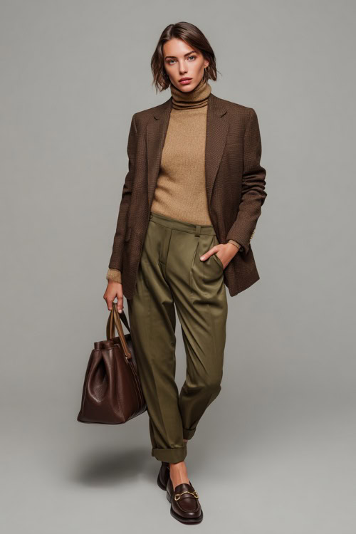 Woman in olive trousers with a tan knit turtleneck, layered under a tailored brown blazer, styled with loafers and a leather handbag, full-body in clean studio