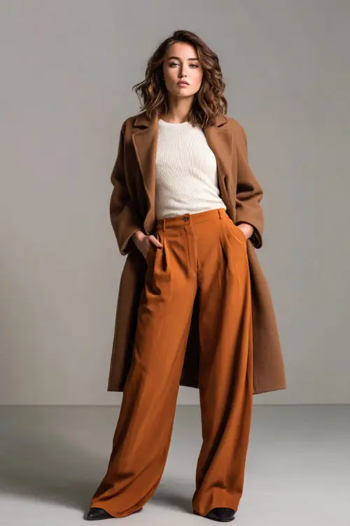 Woman in rust wide-leg pants with a tucked-in ivory knit top, camel coat over the shoulders, posed full-body in minimalist studio 
