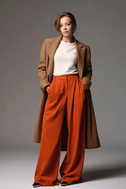 Woman in rust wide-leg pants with a tucked-in ivory knit top, camel coat over the shoulders, posed full-body in minimalist studio
