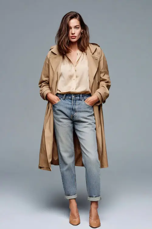 Woman in straight-leg jeans with a beige silk blouse tucked in, camel trench coat layered over the top, and tan slingbacks, full-body in a minimalist background