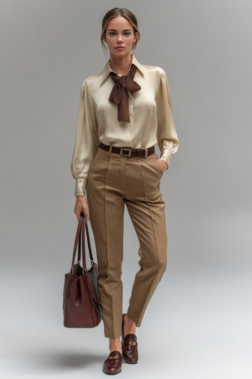 Woman in tailored camel trousers and an ivory silk blouse with a necktie, styled with leather loafers and a structured top-handle bag, full-body in minimalist studio 