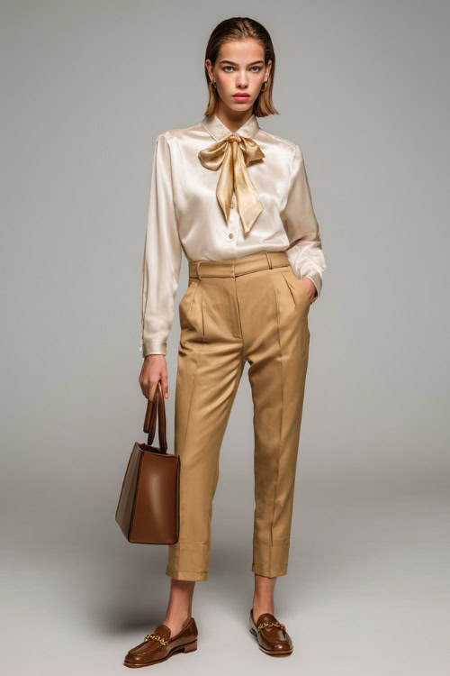 Woman in tailored camel trousers and an ivory silk blouse with a necktie, styled with leather loafers and a structured top-handle bag, full-body in minimalist studio