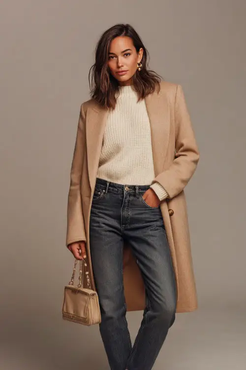 Woman in tailored dark denim jeans with a camel coat over a fine-knit cream top, styled with a small top-handle bag and pearl accessories, neutral studio backdrop