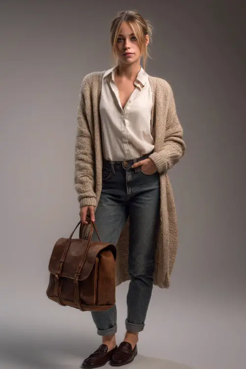 Woman in tapered-leg jeans with a collared ivory shirt and long beige cardigan, accessorized with loafers and a leather satchel, full-body in studio 