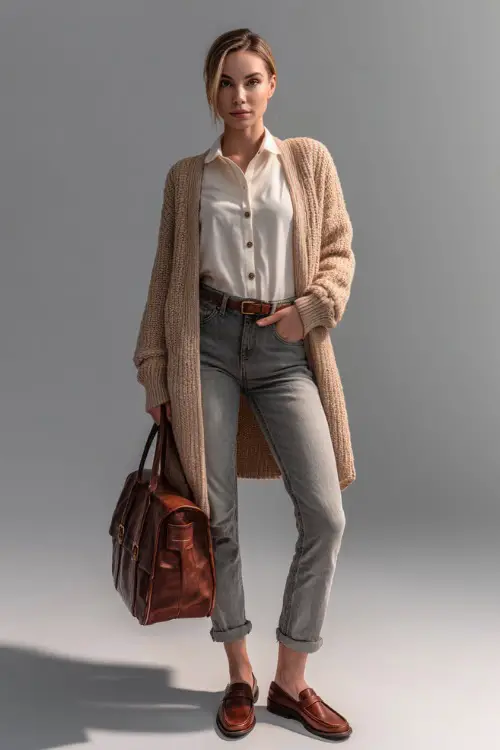 Woman in tapered-leg jeans with a collared ivory shirt and long beige cardigan, accessorized with loafers and a leather satchel, full-body in studio 
