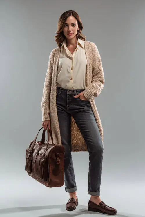 Woman in tapered-leg jeans with a collared ivory shirt and long beige cardigan, accessorized with loafers and a leather satchel, full-body in studio