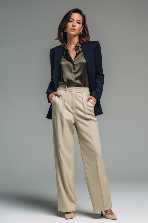 Woman in wide-leg beige slacks, a muted olive silk blouse, and a navy blazer, styled with minimal jewelry and neutral pumps, posed in a clean light studio 