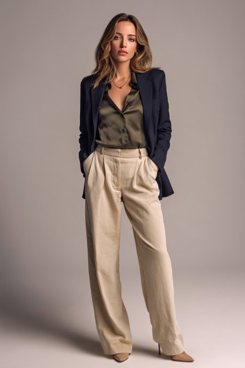 Woman in wide-leg beige slacks, a muted olive silk blouse, and a navy blazer, styled with minimal jewelry and neutral pumps, posed in a clean light studio 