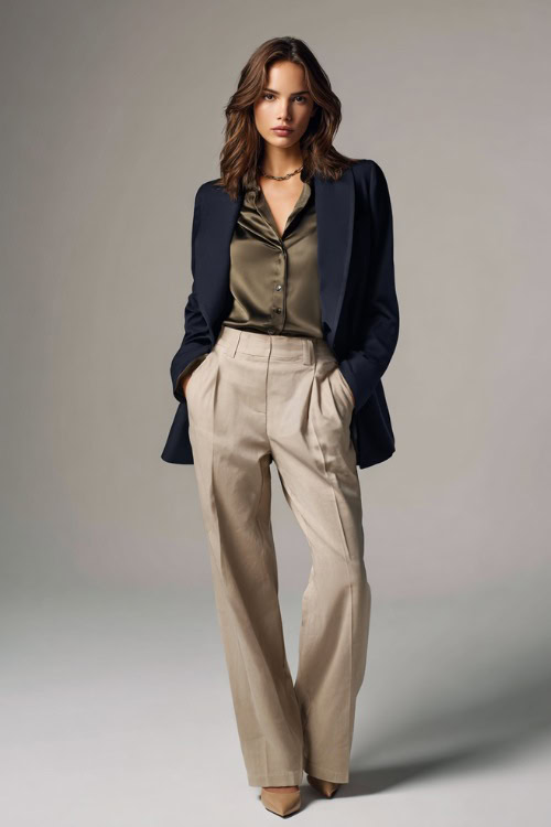 Woman in wide-leg beige slacks, a muted olive silk blouse, and a navy blazer, styled with minimal jewelry and neutral pumps, posed in a clean light studio