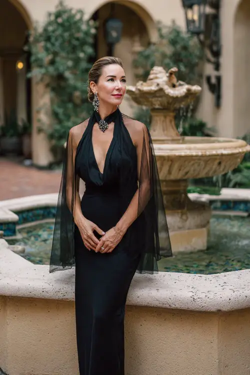 Woman wearing a black halter gown with a sheer cape overlay and sparkly earrings, standing beside a decorative fountain at an upscale October wedding venue