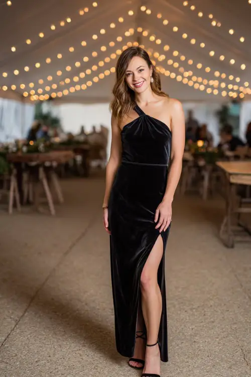 Woman wearing a black velvet one-shoulder formal gown with a side slit and ankle-strap stilettos, standing under twinkling lights at a fall wedding reception 
