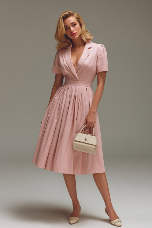 Woman wearing a blush pink tea-length dress with soft pleats and subtle structure, accessorized with cream Mary Janes and a top-handle purse