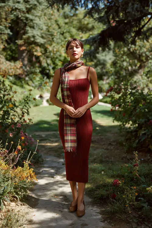 Woman wearing a burgundy ribbed knit midi dress with a square neckline, paired with loafers and a plaid scarf, standing at a cozy October garden wedding 