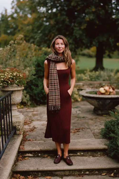 Woman wearing a burgundy ribbed knit midi dress with a square neckline, paired with loafers and a plaid scarf, standing at a cozy October garden wedding