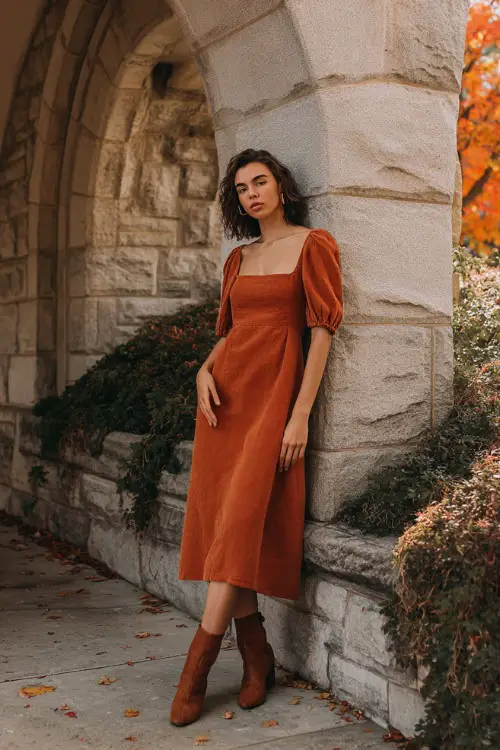 Woman wearing a burnt orange A-line midi dress with a square neckline and puff sleeves, paired with brown heeled boots 