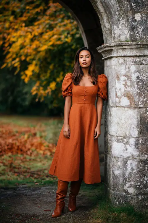 How to Nail Semi-Formal Fall Wedding Style in October Semi-formal weddings in October are the sweet spot of dressing — not too formal, not too casual, but full of room to play with texture, color, and layers. The season gives you golden leaves, crisp air, and lighting that makes rich tones and luxe fabrics shine in photos. Think of it as your chance to mix elegance with a touch of comfort. Start by leaning into the fall palette — burgundy, navy, mustard, emerald, copper, and deep plum always look striking against autumn backdrops. Fabric matters just as much as color: satin, chiffon, lace, and velvet bring an instant upgrade, while subtle pleats or structured sleeves add visual interest. For silhouettes, a midi length is the safest choice for most venues, but don’t shy away from well-fitted minis or flowy high-low hems if the wedding has a modern or romantic vibe. Accessories are your secret weapon. A gold clutch can warm up cooler colors, while statement earrings instantly elevate simpler dresses. Choose shoes that match the setting — closed-toe heels for indoor venues, ankle boots for rustic locations, or sleek sandals if the forecast stays mild. And always think about layering: a shawl, wrap, or tailored coat can turn your look from pretty to polished while keeping you warm once the sun dips. Above all, semi-formal doesn’t mean boring. This is your opportunity to show personality through details — maybe it’s a puff sleeve, a dramatic neckline, or a textured belt. Pick pieces that make you feel confident from ceremony to dance floor, and you’ll fit the dress code while still making the look your own.