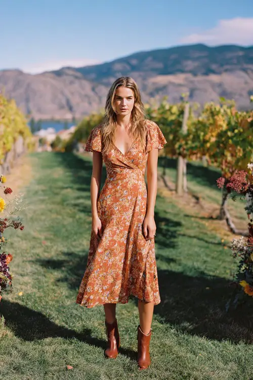Woman wearing a burnt orange floral midi dress with flutter sleeves, paired with leather ankle boots, standing near a vineyard wedding backdrop in October 