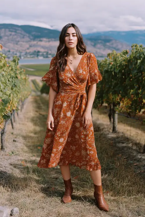 Woman wearing a burnt orange floral midi dress with flutter sleeves, paired with leather ankle boots, standing near a vineyard wedding backdrop in October 