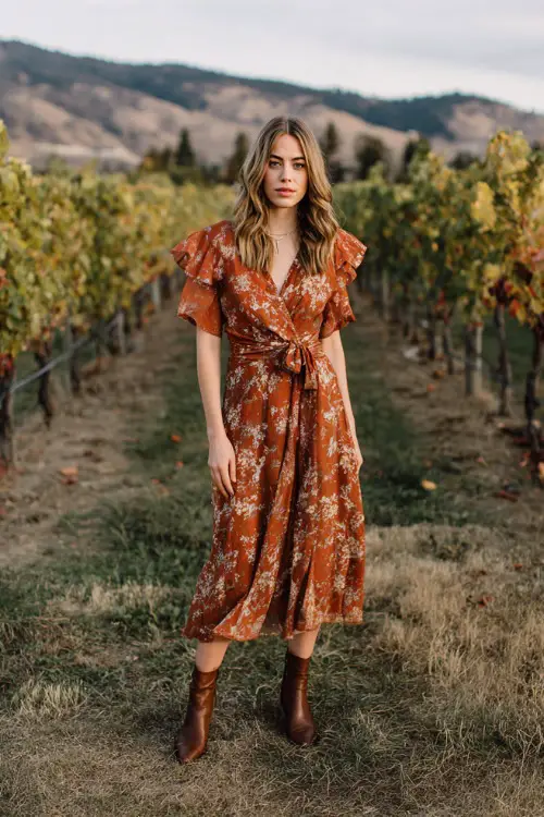Woman wearing a burnt orange floral midi dress with flutter sleeves, paired with leather ankle boots, standing near a vineyard wedding backdrop in October 