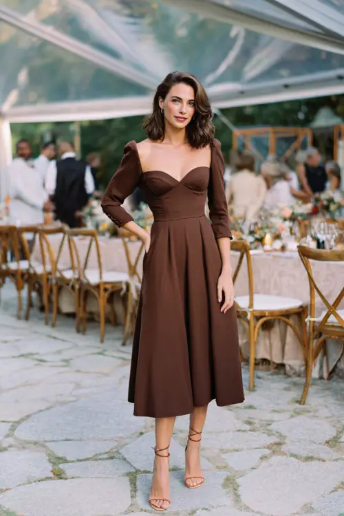 Woman wearing a chocolate brown midi dress with a sweetheart neckline and three-quarter sleeves, styled with ankle strap heels 