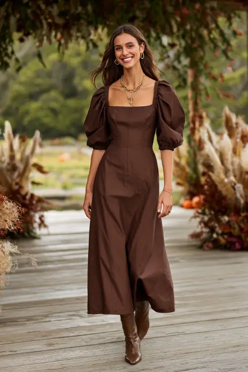 Woman wearing a chocolate brown midi dress with puff sleeves and a square neckline, styled with ankle boots and a long pendant necklace, standing on a wooden deck overlooking a fall ceremony space