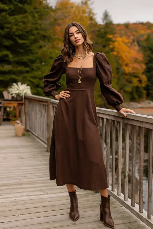 Woman wearing a chocolate brown midi dress with puff sleeves and a square neckline, styled with ankle boots and a long pendant necklace