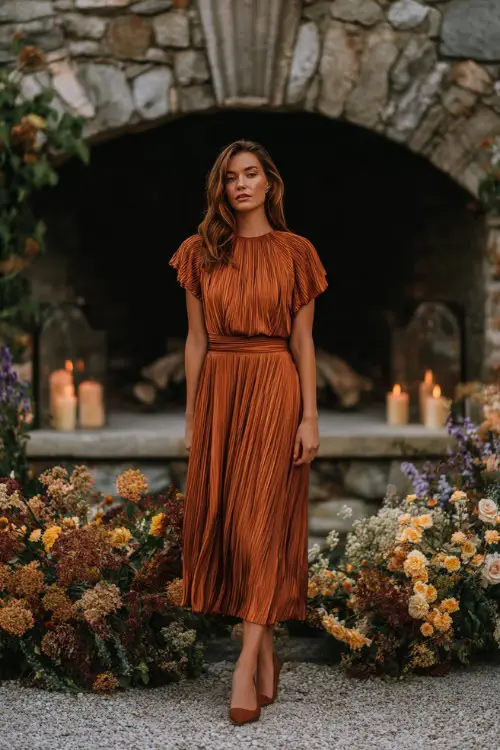 Woman wearing a copper pleated midi dress with short flutter sleeves, standing in front of an outdoor fireplace adorned with seasonal florals and candles