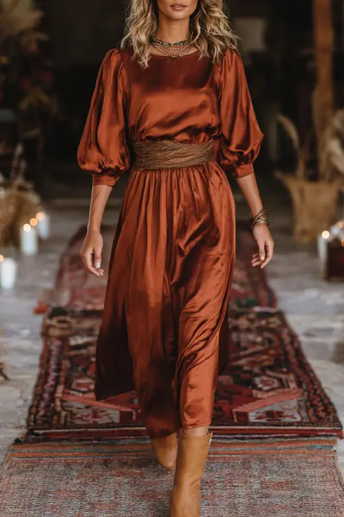 Woman wearing a copper satin boho midi dress with peasant sleeves and a gathered waist, styled with tan block-heel boots 