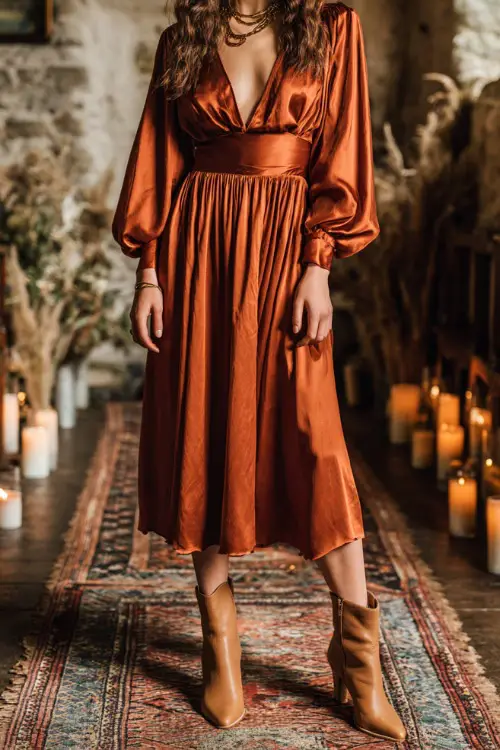 Woman wearing a copper satin boho midi dress with peasant sleeves and a gathered waist, styled with tan block-heel boots 