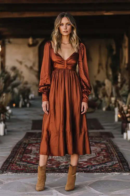 Woman wearing a copper satin boho midi dress with peasant sleeves and a gathered waist, styled with tan block-heel boots