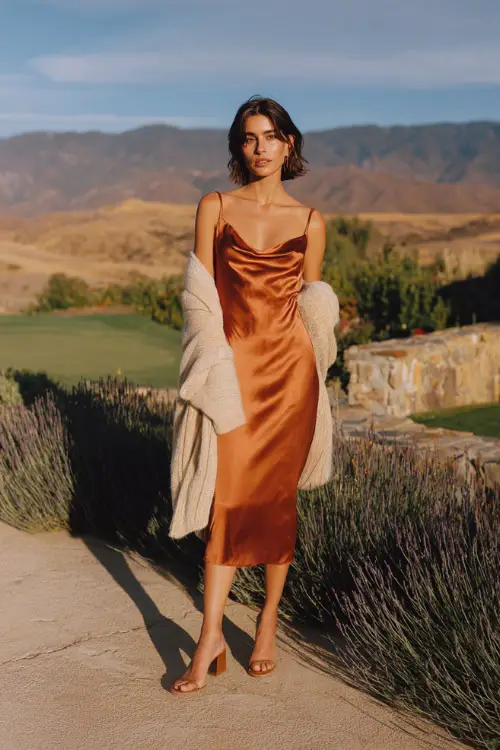 Woman wearing a copper satin midi slip dress with a light shawl draped over her shoulders, paired with block heels 