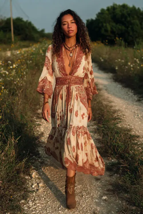 Woman wearing a cream and rust paisley-print boho maxi dress with a plunging neckline and tiered skirt, paired with fringe suede boots, walking along a dirt path lined with wildflowers,