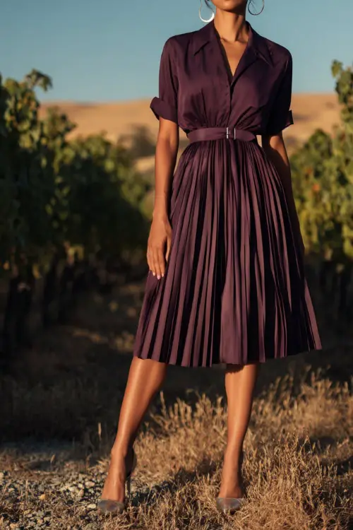 Woman wearing a deep plum pleated skirt dress with a belted waist, paired with metallic heels, standing at a vineyard during golden hour 