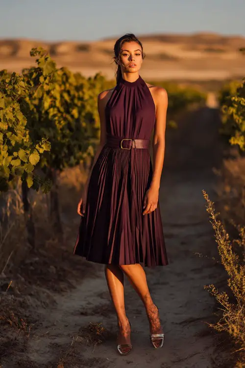 Woman wearing a deep plum pleated skirt dress with a belted waist, paired with metallic heels, standing at a vineyard during golden hour