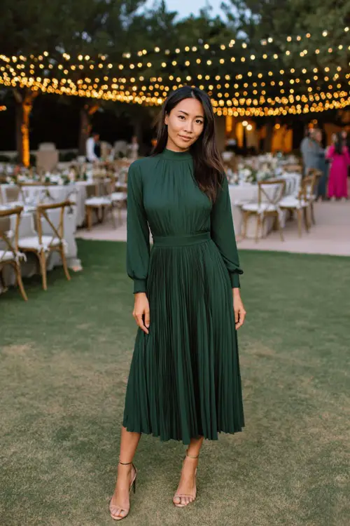 Woman wearing a forest green pleated midi dress with a high neckline and long sleeves, styled with ankle strap heels 
