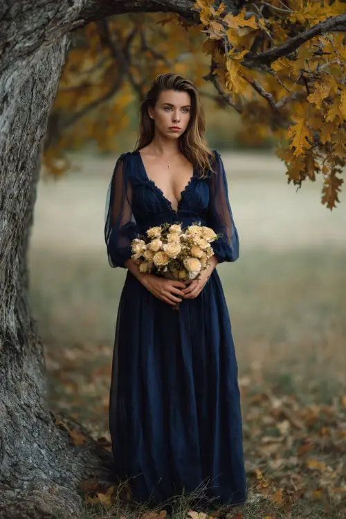 Woman wearing a navy chiffon gown with an empire waist and sheer sleeves, holding a bouquet, standing under an oak tree with golden leaves, full body 