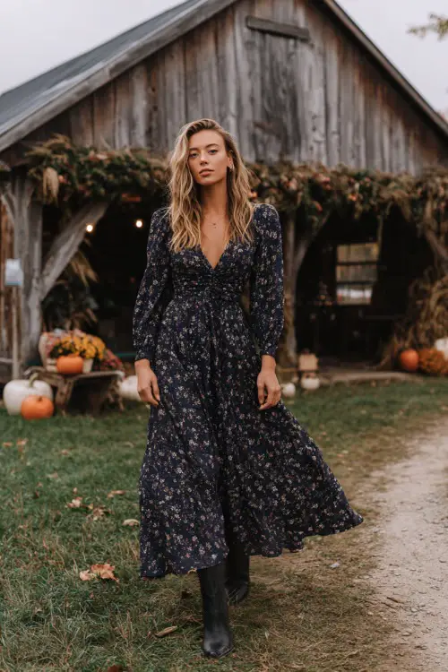 Woman wearing a navy floral maxi dress with bishop sleeves, styled with ankle boots, walking near a rustic barn adorned with fall garlands, full body 