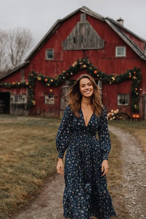 Woman wearing a navy floral maxi dress with bishop sleeves, styled with ankle boots, walking near a rustic barn adorned with fall garlands, full body 