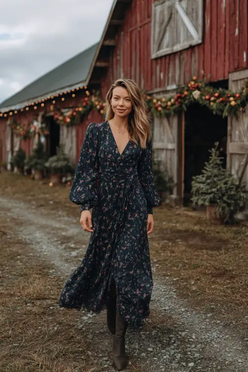 Woman wearing a navy floral maxi dress with bishop sleeves, styled with ankle boots, walking near a rustic barn adorned with fall garlands, full body