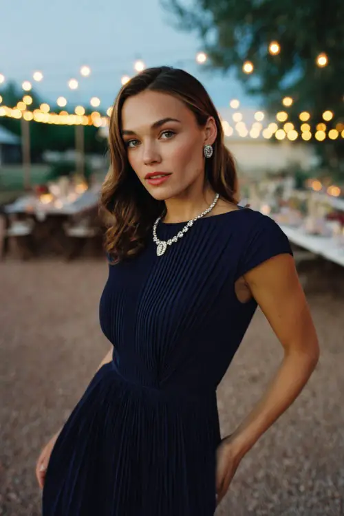 Woman wearing a navy pleated tea-length dress with cap sleeves and silver jewelry, posing by an outdoor reception table under string lights, full body 