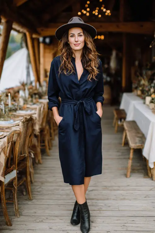 Woman wearing a navy shirt-dress with long sleeves and a tie belt, styled with ankle boots and a felt hat, walking along a wooden deck decorated for a rustic wedding 