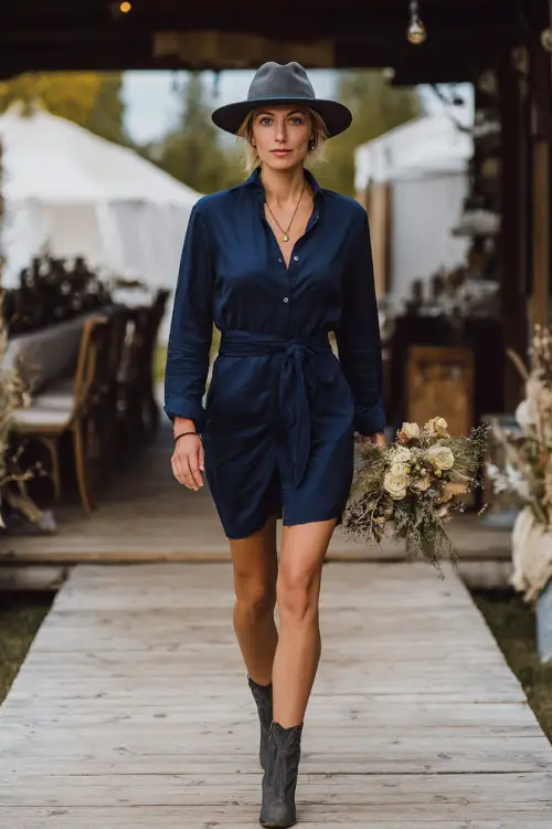Woman wearing a navy shirt-dress with long sleeves and a tie belt, styled with ankle boots and a felt hat, walking along a wooden deck decorated for a rustic wedding 