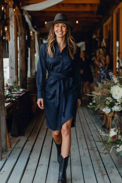 Woman wearing a navy shirt-dress with long sleeves and a tie belt, styled with ankle boots and a felt hat, walking along a wooden deck decorated for a rustic wedding