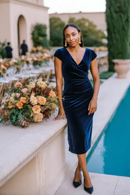 Woman wearing a navy velvet sheath dress with cap sleeves, paired with gold drop earrings and low block heels 